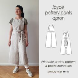 Pottery pants apron/Sewing Pattern/ potter's Split leg /Cross back pinafore PDF/ No-ties apron /Sewing tutorial/ JOYCE