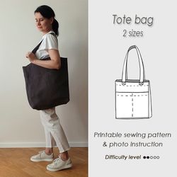 Tote bag sewing pattern PDF/ Shoulder utility linen shopping bag with pockets/ Digital Download sewing tutorial