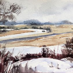 Winter snowy field landscape watercolor