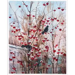 Crows on a rowan tree on a winter day watercolor