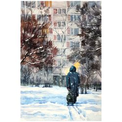 Winter way home cityscape watercolor