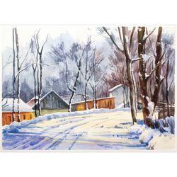 Street on a sunny winter day watercolor