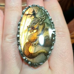 Labradorite ring. Dragon ring. Golden dragon. Oil painting miniature. Laquer miniature. Stone - aaa large golden