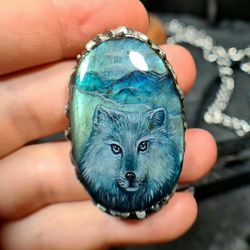 Wolf ring Viking ring Labradorite ring Oil painting miniature on stone