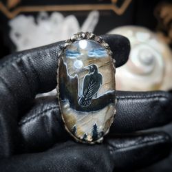 Labradorite ring. Raven or crow ring. Like viking ring. Oil painting miniature. Laquer miniature. Stone - aaa large rain