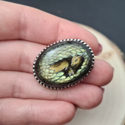Dragon ring. Stone painting dragon. Stone - aaa large rainbow labradorite (February Birthstone). Hand painted stone with