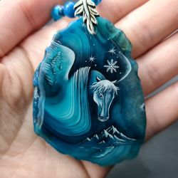 Snow horse necklace Jewelry Hand painted on blue agate miniature painting