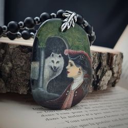 Necklace Girl with a white wolf. Miniature on agate. Hematite and shungite beads. Inspired by the movie Brotherhood of t
