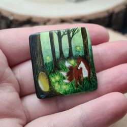 Kitsune fox brooch, real oil painting miniature on mother of pearl. Kitsune fox pin