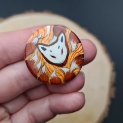 mother of pearl brooch Fox kitsune on brooch. It is an original illustration. It is the hand-painted brooch, by oil, on