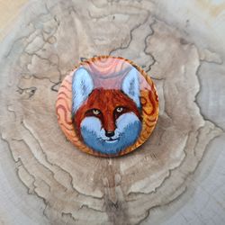 Fox kitsune on brooch. It is an original illustration. It is the hand-painted brooch, by oil, on natural mother of parl.