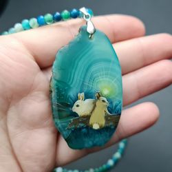 Necklace with two baby rabbit or hare Oil painting on green Agate pendant stone