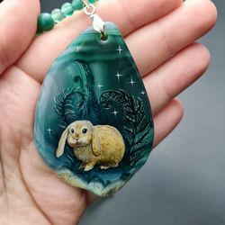 Necklace with rabbit or hare in ferns Oil painting on Agate stone