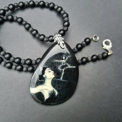 Necklace ballerina black swan Oil painting Miniature on agate One of a kind