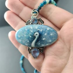 White peacock on blue necklace Miniature painting on Dendritic Agate