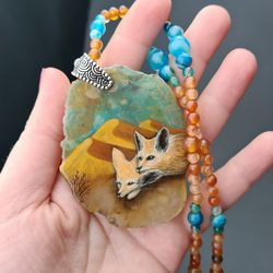 Desert fox fenech necklace with big ears Hand painted jewelry miniature painting