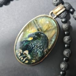 Raven necklace with toadstools Crow Viking Labradorite Shungite Lavastone