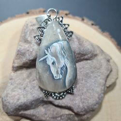 Unicorn pendant Unicorn horn Laquer miniature Rose quartz pendant Stone painting
