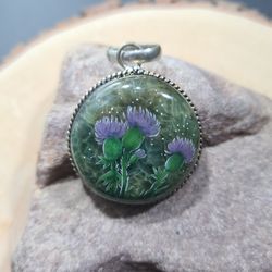 Thistle pendant Oil painting on moss agate
