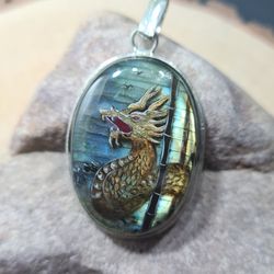Gold dragon pendant Laquer miniature labradorite