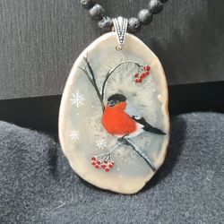 Bullfinch on a rowan branch necklace Hand painted