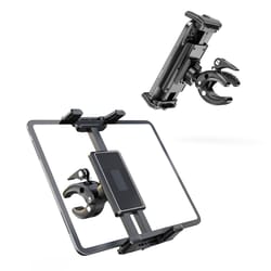 universal phone and tablet holder for treadmills, spin bikes, strollers, wheelchairs, golf carts, and music stands