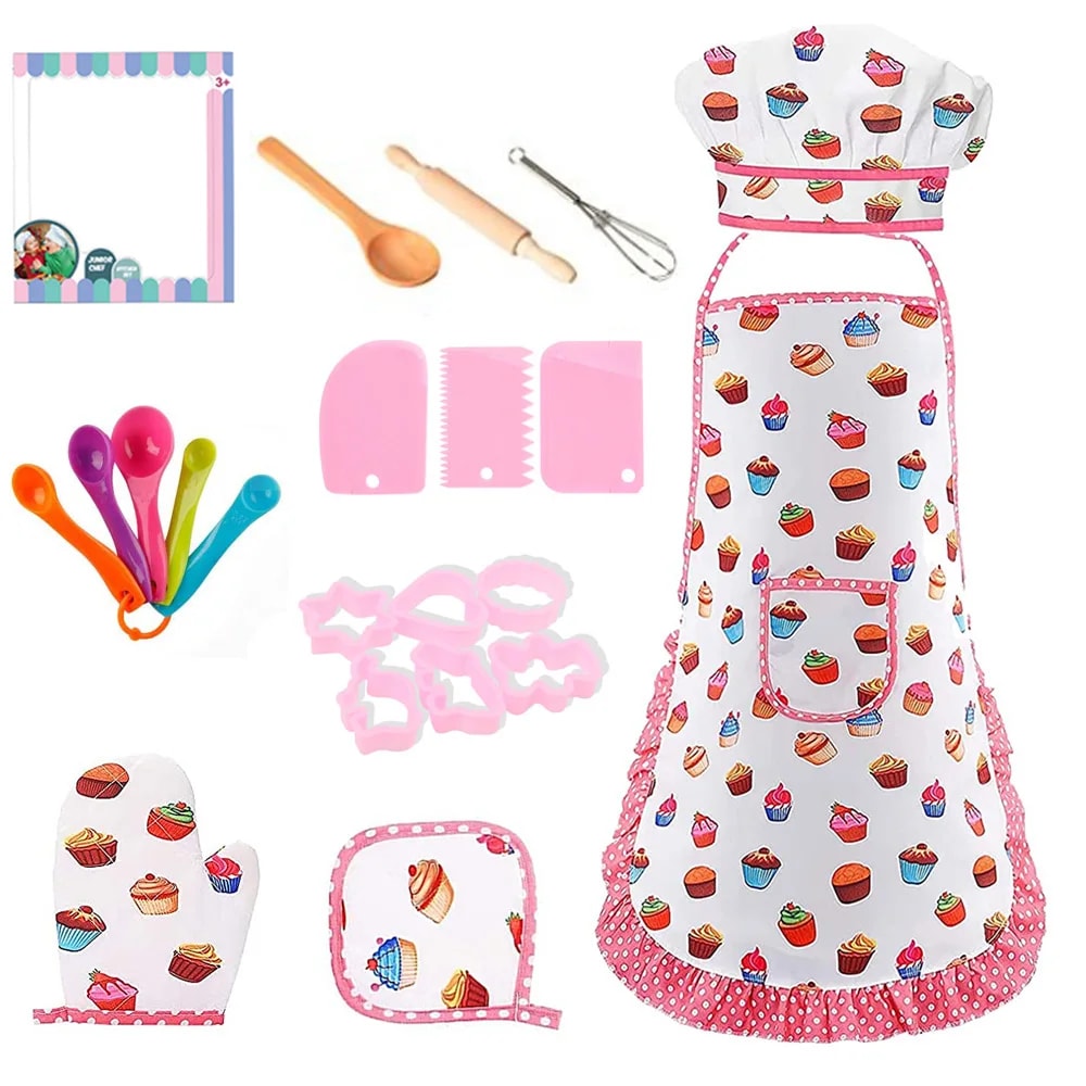 Kids Apron for Little Girls, Pink Chef Baking Set, Kitchen Cooking Play House Tools for Pretend Play Simulation