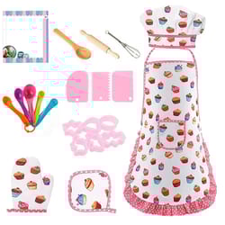 kids apron for little girls, pink chef baking set, kitchen cooking play house tools for pretend play simulation