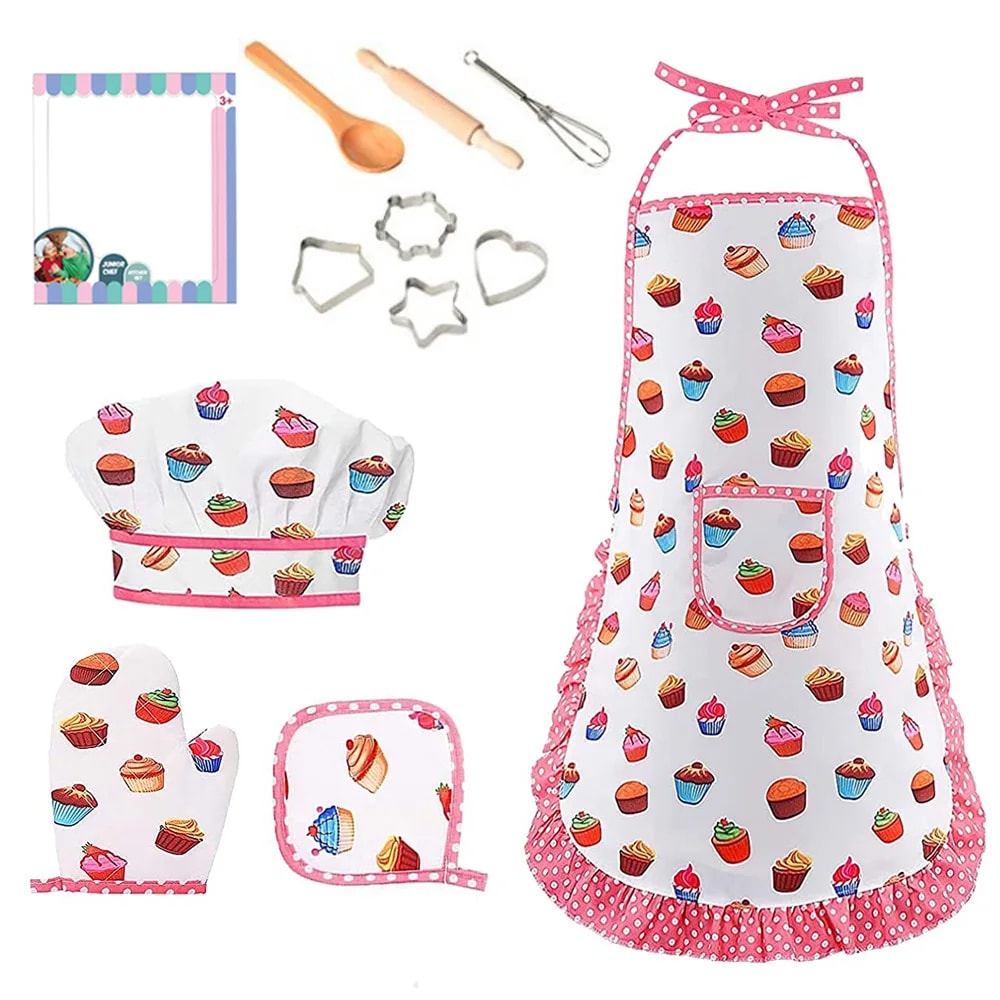 Kids Apron for Little Girls, Pink Chef Baking Set, Kitchen Cooking Play House Tools for Pretend Play Simulation