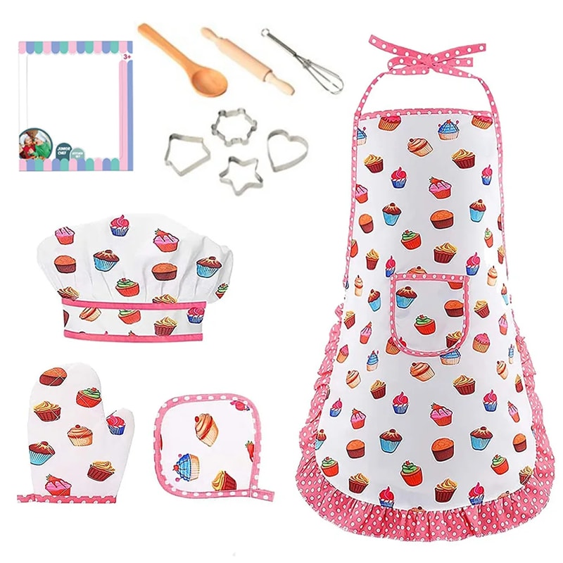 Kids Apron for Little Girls, Pink Chef Baking Set, Kitchen Cooking Play House Tools for Pretend Play Simulation