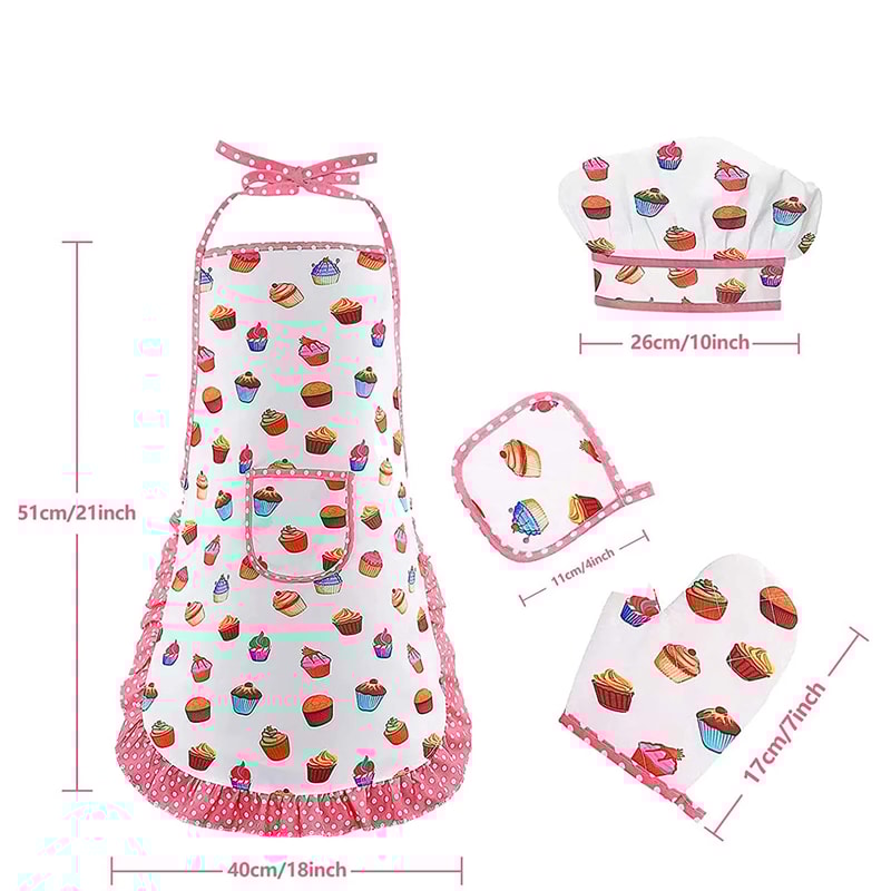 Kids Apron for Little Girls, Pink Chef Baking Set, Kitchen Cooking Play House Tools for Pretend Play Simulation