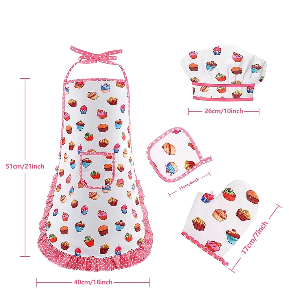 Kids Apron for Little Girls, Pink Chef Baking Set, Kitchen Cooking Play House Tools for Pretend Play Simulation