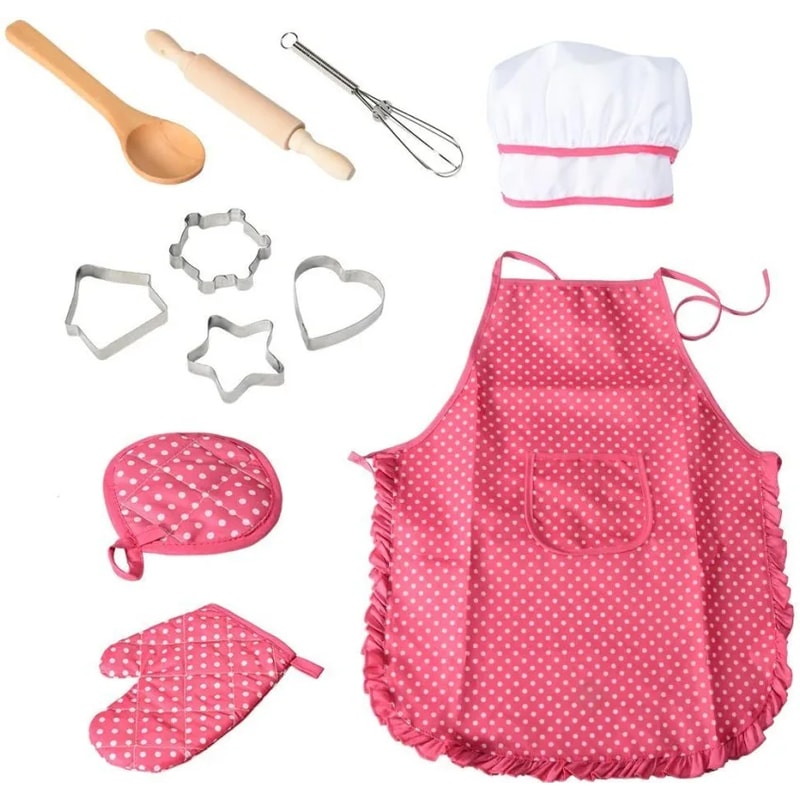 Kids Apron for Little Girls, Pink Chef Baking Set, Kitchen Cooking Play House Tools for Pretend Play Simulation