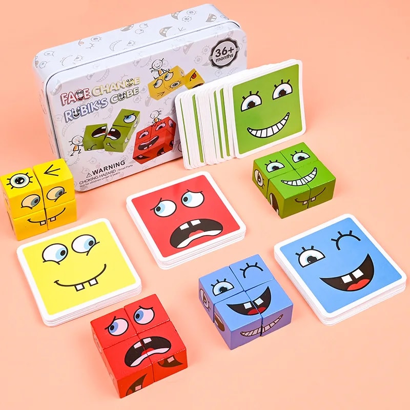 Wooden Educational Toys Gifts, Kid Board Game, Fun Challenge Face-changing Building Blocks Cube, Parent-child Interactiv
