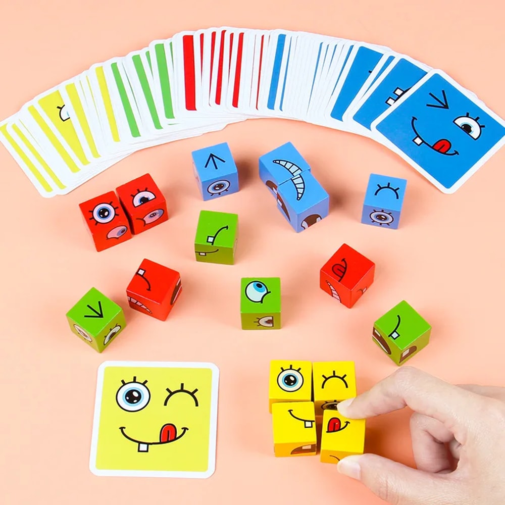 Wooden Educational Toys Gifts, Kid Board Game, Fun Challenge Face-changing Building Blocks Cube, Parent-child Interactiv