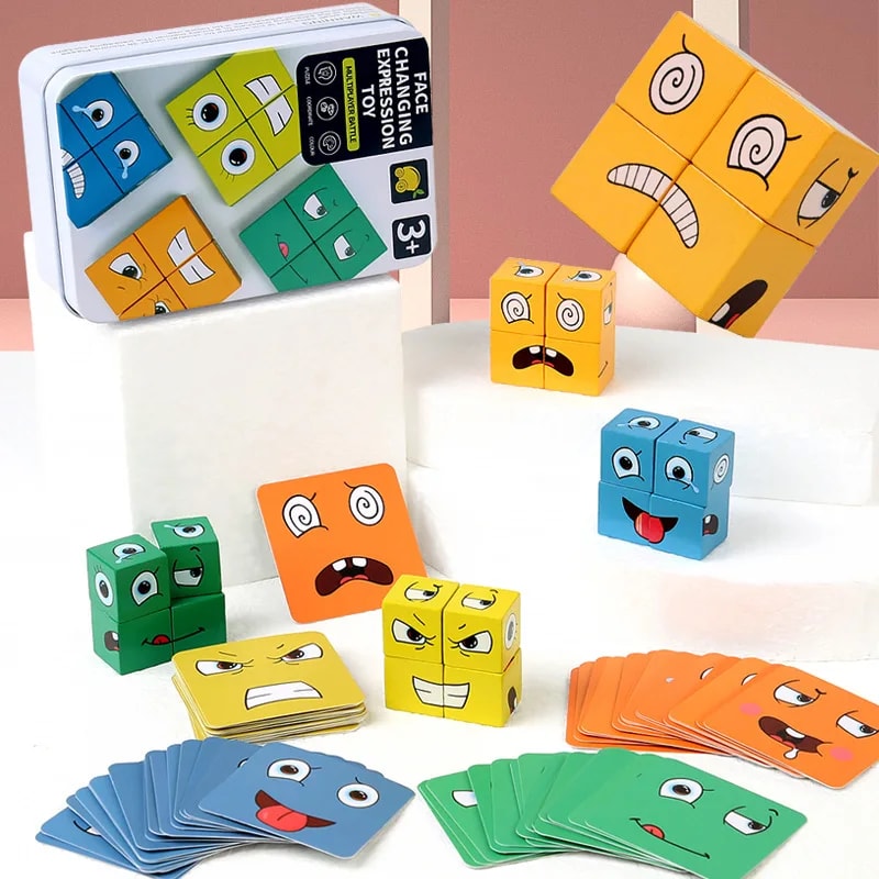 Wooden Educational Toys Gifts, Kid Board Game, Fun Challenge Face-changing Building Blocks Cube, Parent-child Interactiv