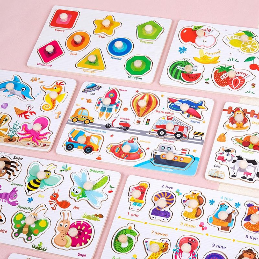Handheld Montessori Baby Puzzle Matching Board Toy for Early Childhood Education with Cartoon Animals and Fruits