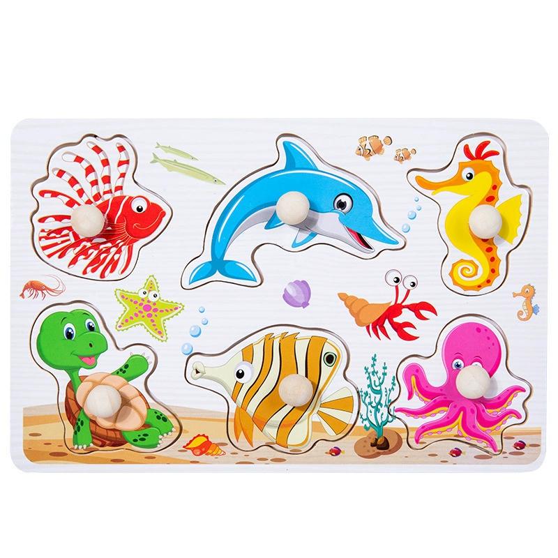 Handheld Montessori Baby Puzzle Matching Board Toy for Early Childhood Education with Cartoon Animals and Fruits