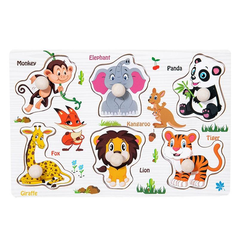 Handheld Montessori Baby Puzzle Matching Board Toy for Early Childhood Education with Cartoon Animals and Fruits