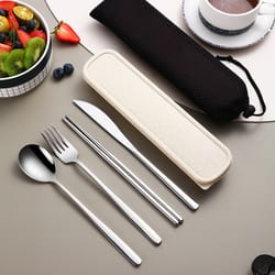 portable cutlery set with box, stainless steel dinner knife fork spoon chopsticks, four-piece tableware for travel