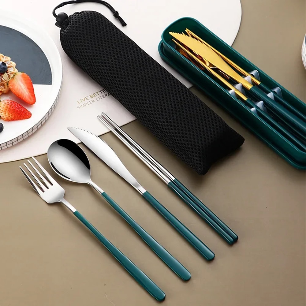 Portable Cutlery Set With Box Stainless Steel Dinner Knife Fork Spoon Chopsticks Fourpiece Tablewar 5