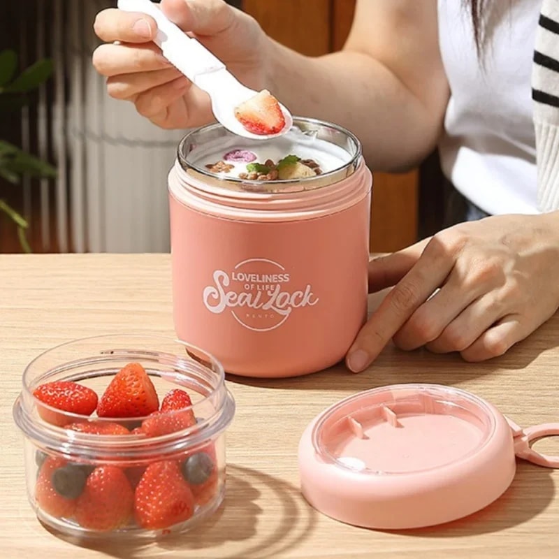 Stainless Steel Double Layer Salad Cup Oatmeal Soup Bowl With Spoon Portable Lunch Box For Students 2