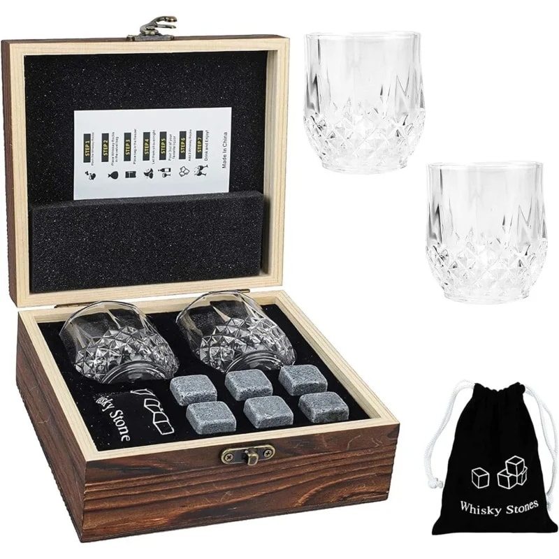 Whiskey Stones Glasses Set For Men Fathers Day Gift Granite Ice Block In Wooden Bottle Box For Dad 0