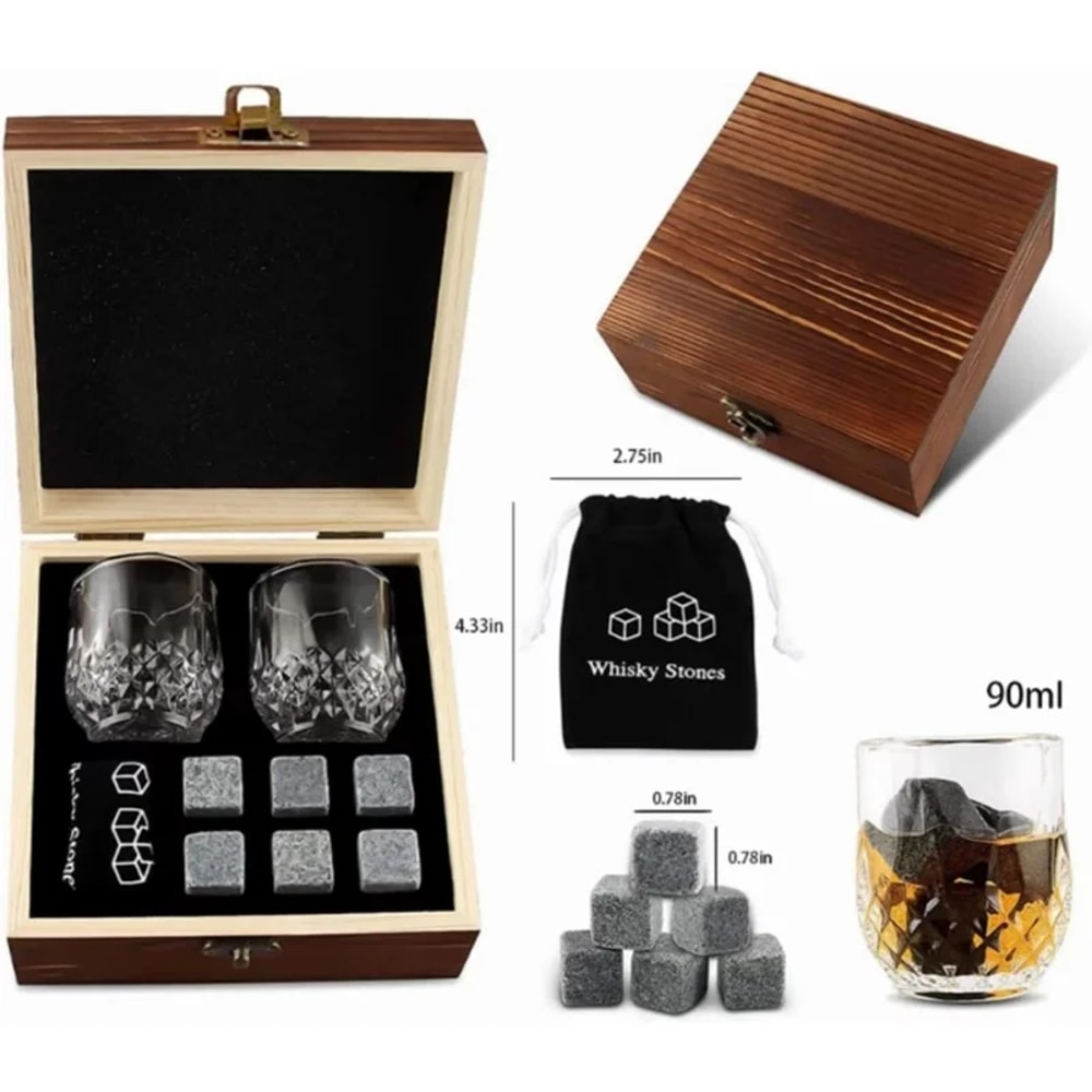 Whiskey Stones Glasses Set For Men Fathers Day Gift Granite Ice Block In Wooden Bottle Box For Dad 2