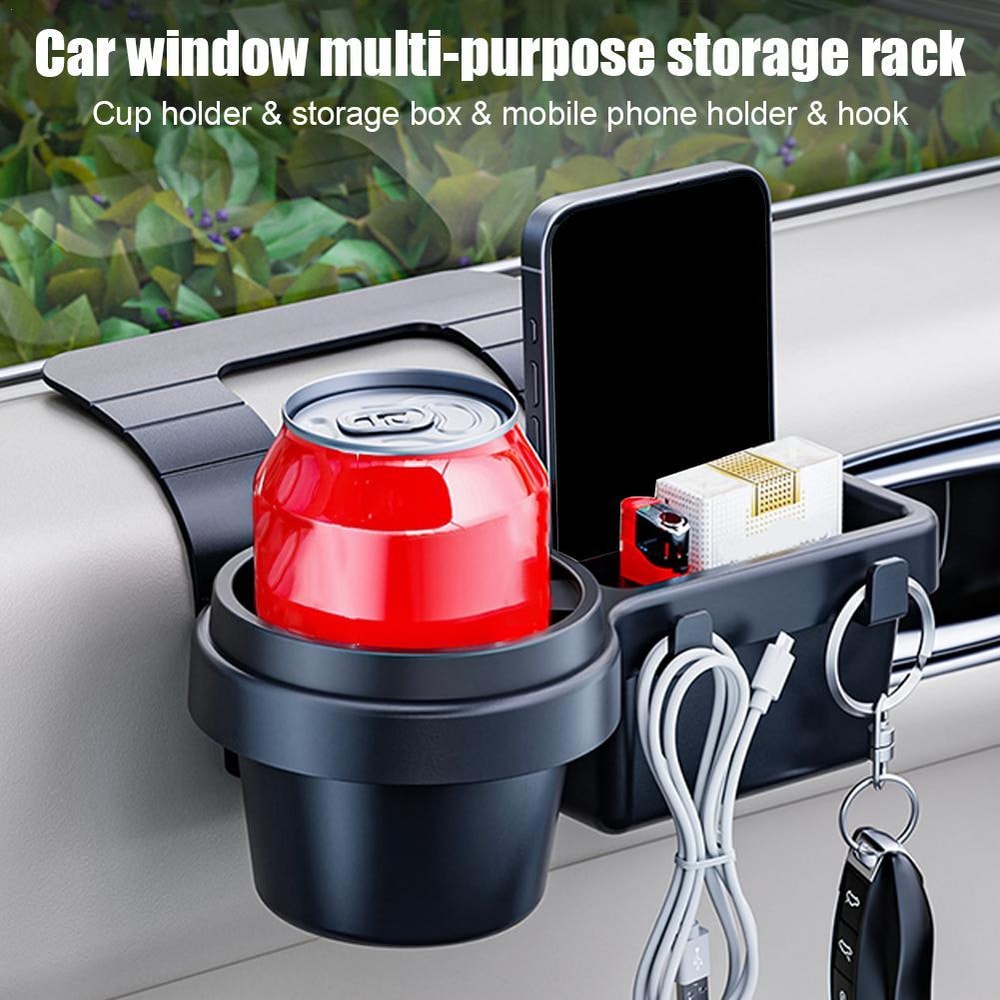 Portable Car Door Cup Holder Window Organizer With Dual Hanging Hooks Charging Port 2
