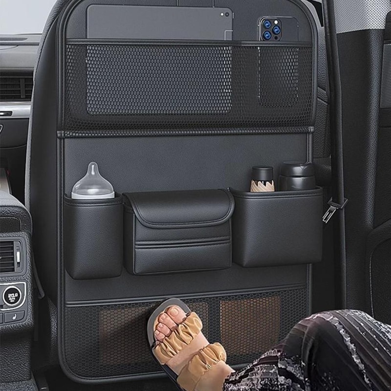 Car Seat Back Organizer With Foldable Table PU Leather Spacious Storage Bag With Multiple Pockets 2