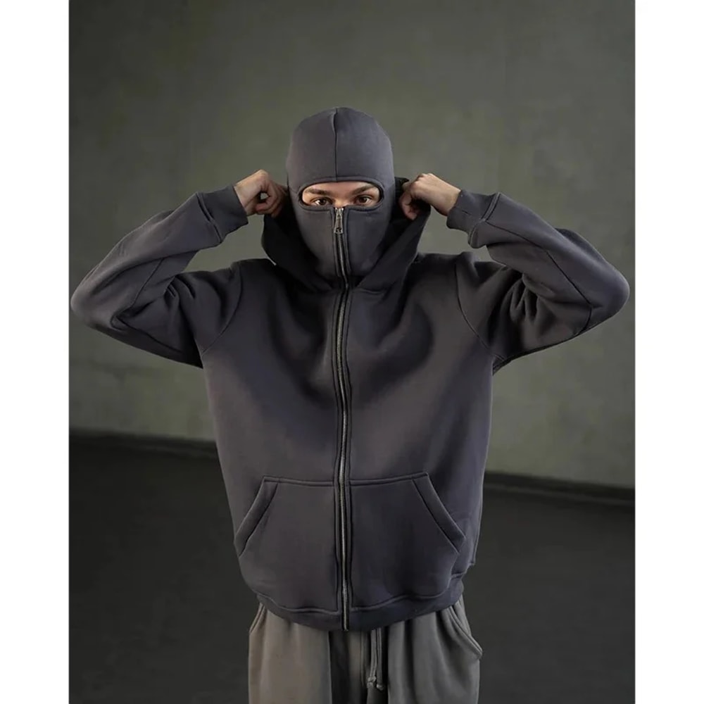 Men Balaclava Hoodie Double Hooded Sweatshirt With Zipper Mask For Gothic Y2K Streetwear 1