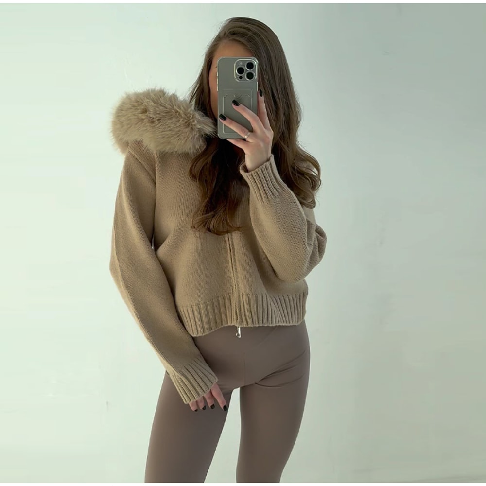 Women Fur Collar Autumn Sweater Coat Loose Fit Zipper Pullover 2