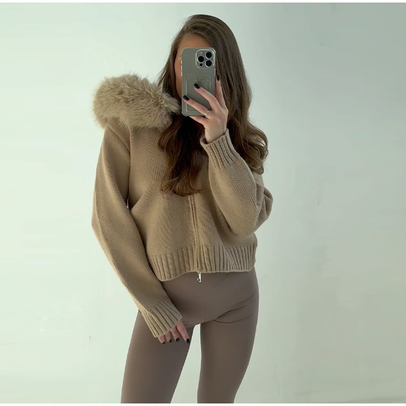Women Fur Collar Autumn Sweater Coat Loose Fit Zipper Pullover 2