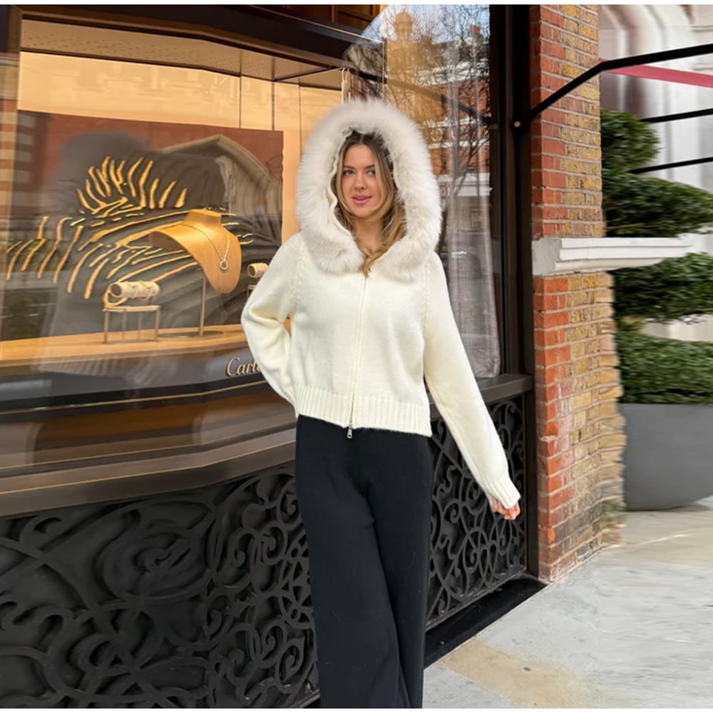 Women Fur Collar Autumn Sweater Coat Loose Fit Zipper Pullover 5